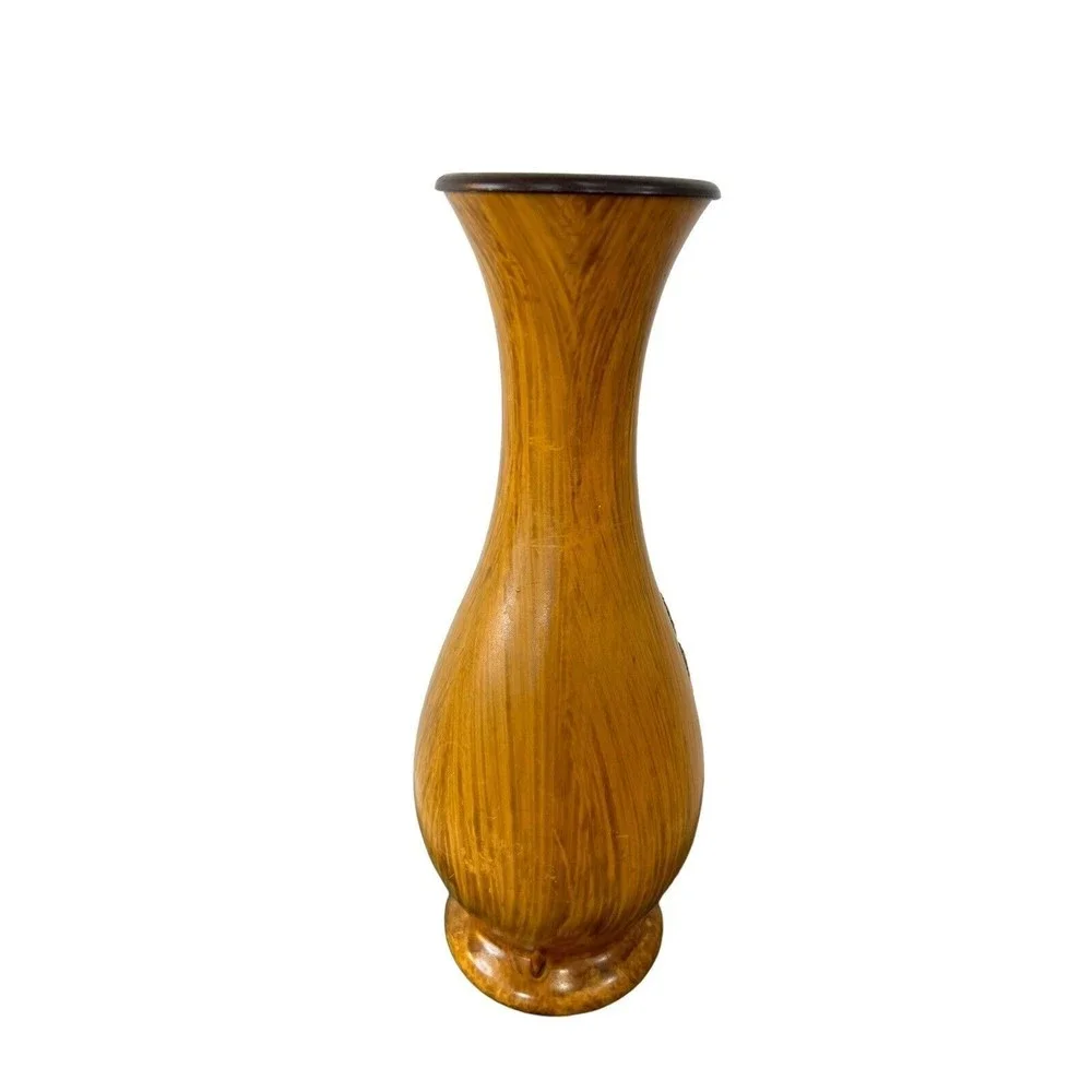 Vtg Wood Look West Germany Elk Stag Deer Bud Vase Forest Scene In Relief Nature